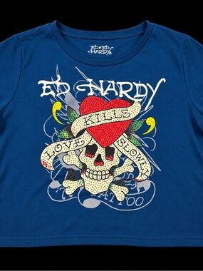 Ed Hardy Blue Crop Top with Red Heart & Cream Skull Graphic